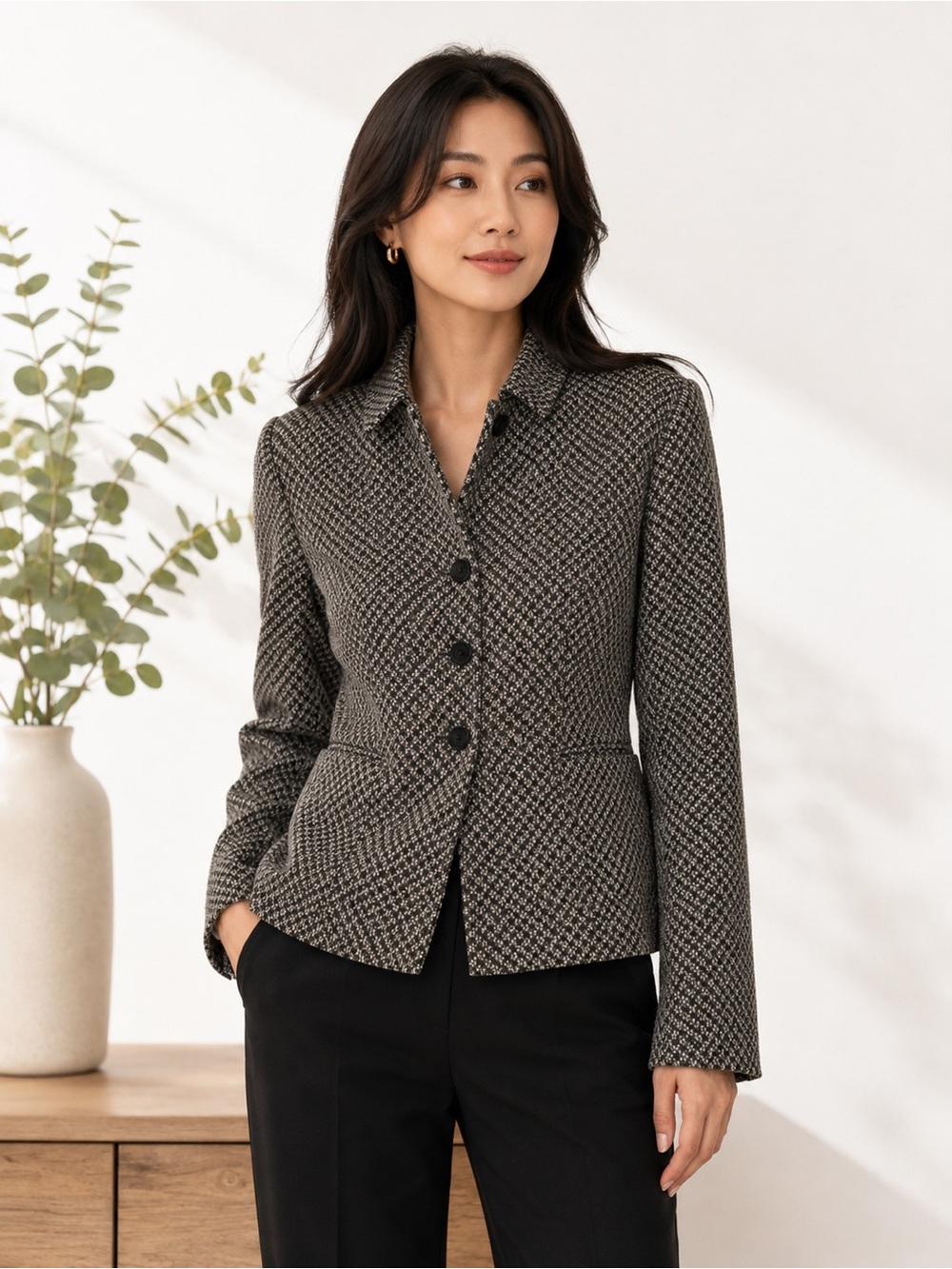 Woven Black & Gray Tailored Blazer Jacket